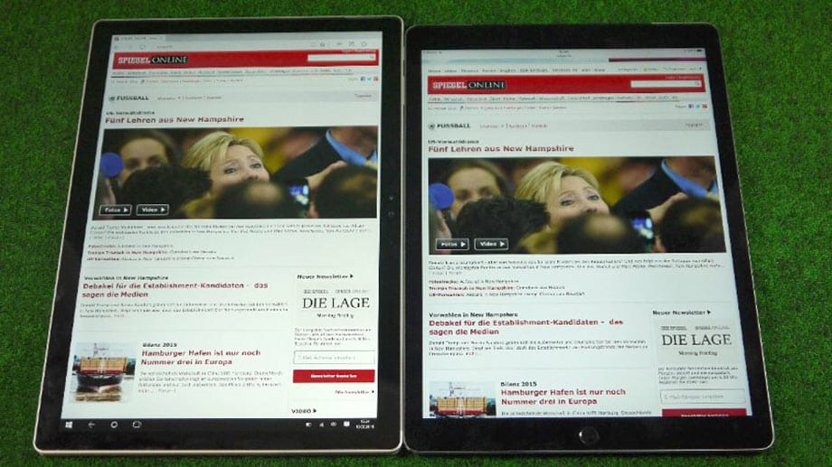 Die Qualität der Bildschirme von iPad Pro (r.) und Surface Book liegt auf ähnlichem Niveau.