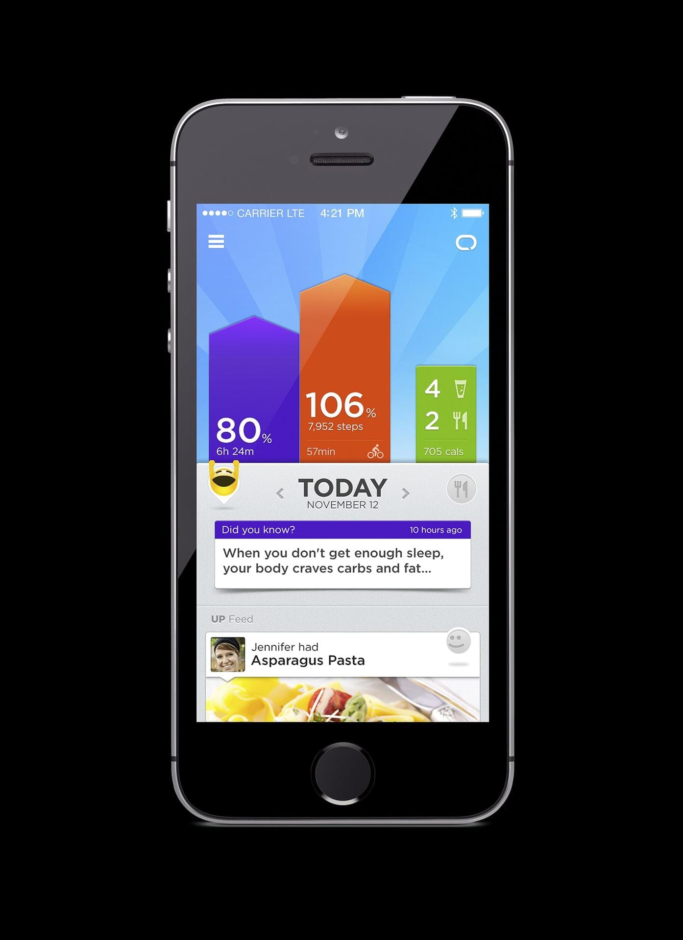 Die Smartphone-App für den Jawbone Up3 bietet umfassende Auswertungen in verständlicher Gestaltung sowie sehr viele Social Media-Features.