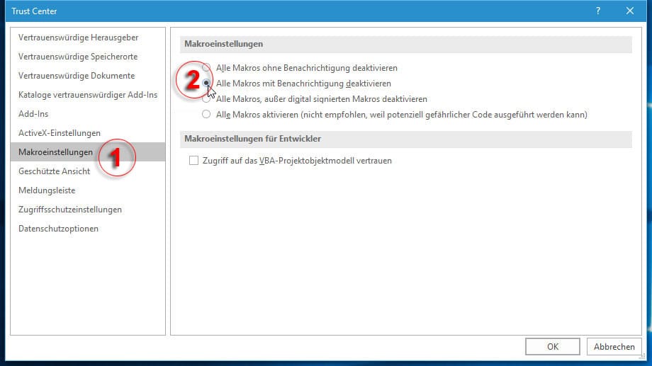 Makroeinstellungen in Office 2016