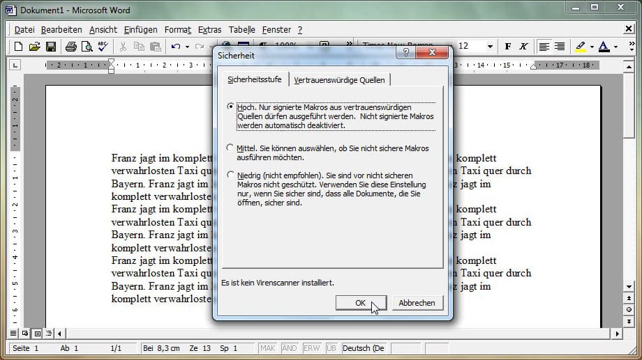Makro-Einstellung in Office 2000, 2002 (XP) und 2003