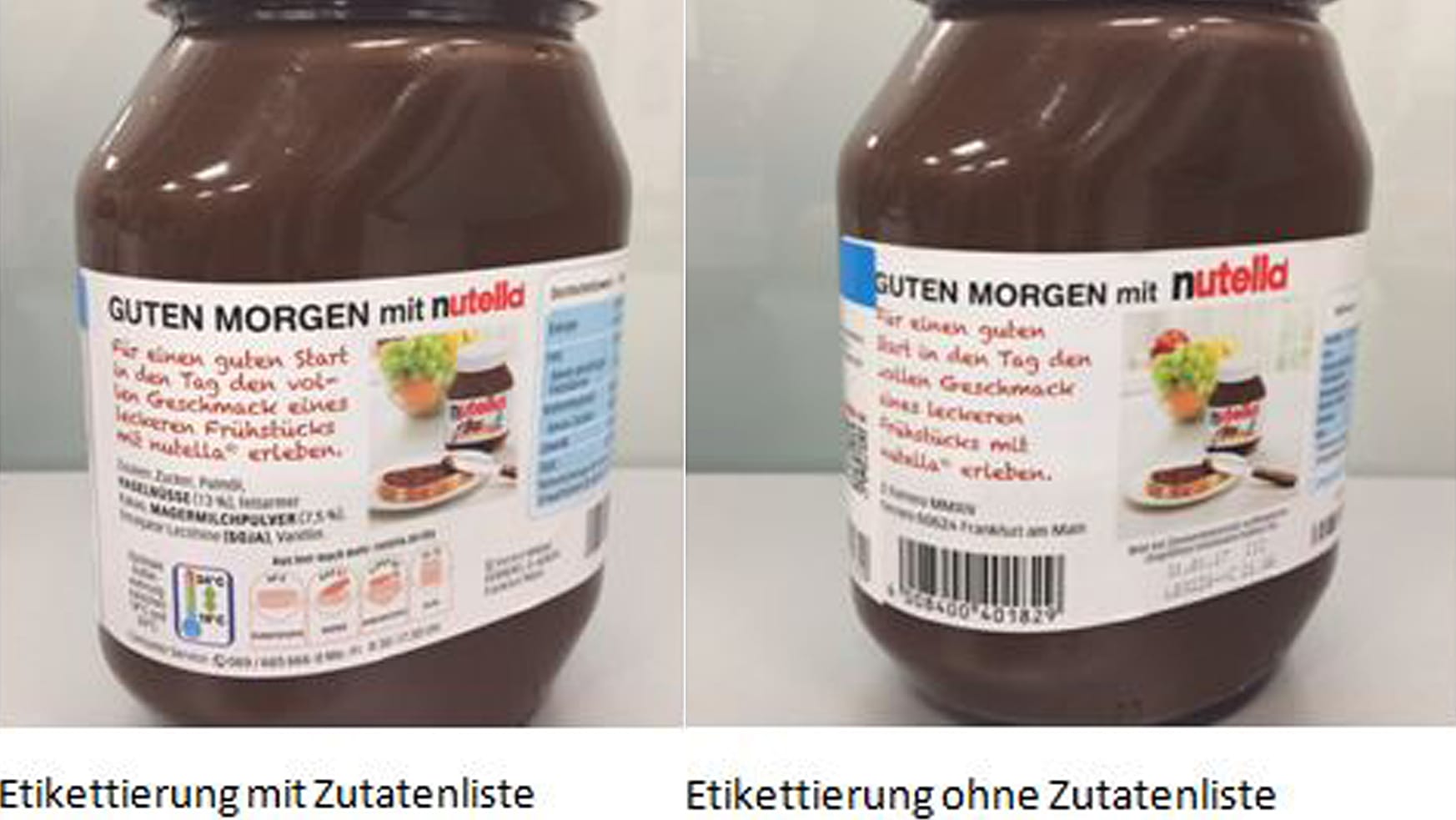 Bei dem Glas rechts fehlt die Zutatenliste. Links ein Exemplar mit vollständiger Kennzeichnung.