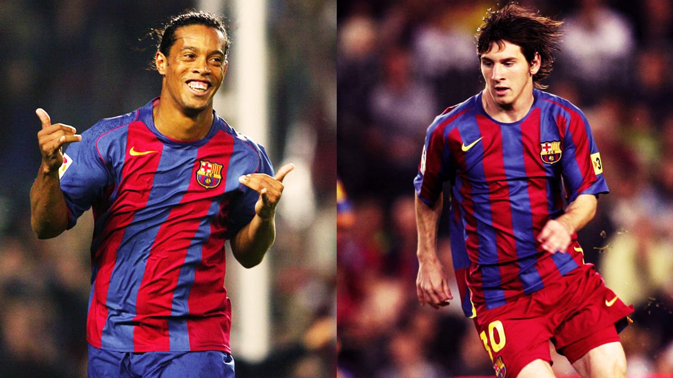 Blanke Brust bei Ronaldinho und Lionel Messi: Bis 2006 spielte Barca ohne prominente Werbung auf dem Trikot.