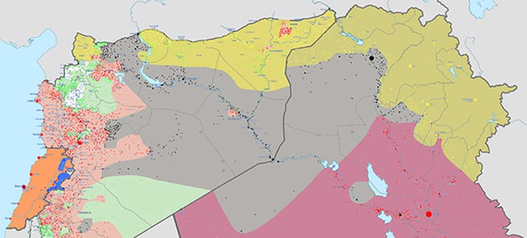 Karte des IS-Gebietes im Irak (rechts unten), Syrien und einem kleinen Gebiet im Libanon (inks unten). Unten die Bedeutung der einzelnen Farben.