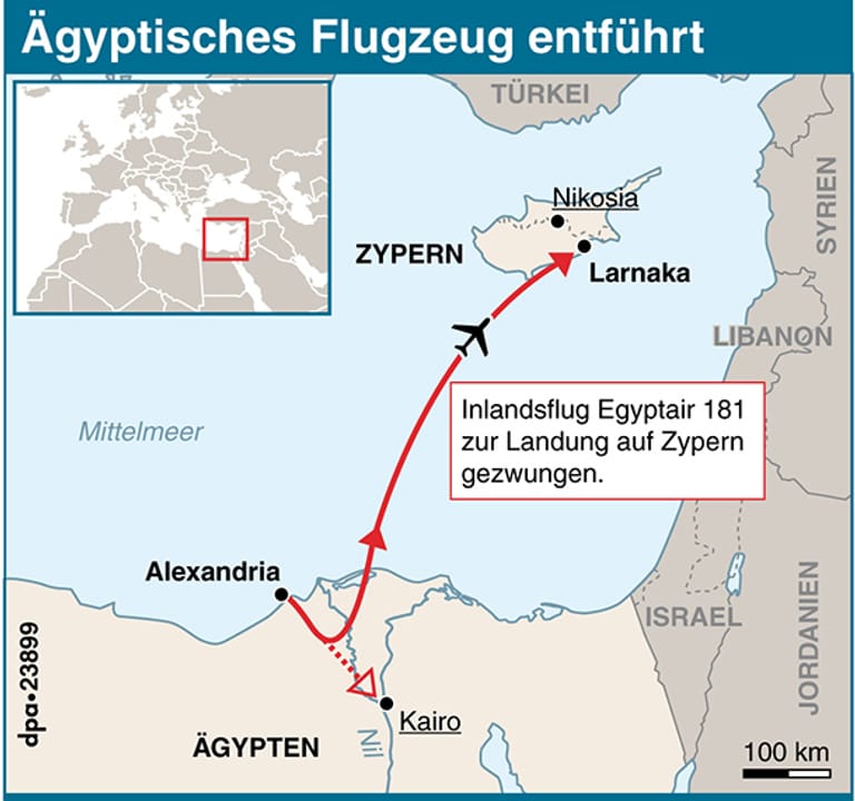Der Inlandsflug 181 von Egyptair wurde auf dem Weg von Alexandria nach Kairo entführt und nach Larnaka umgeleitet.