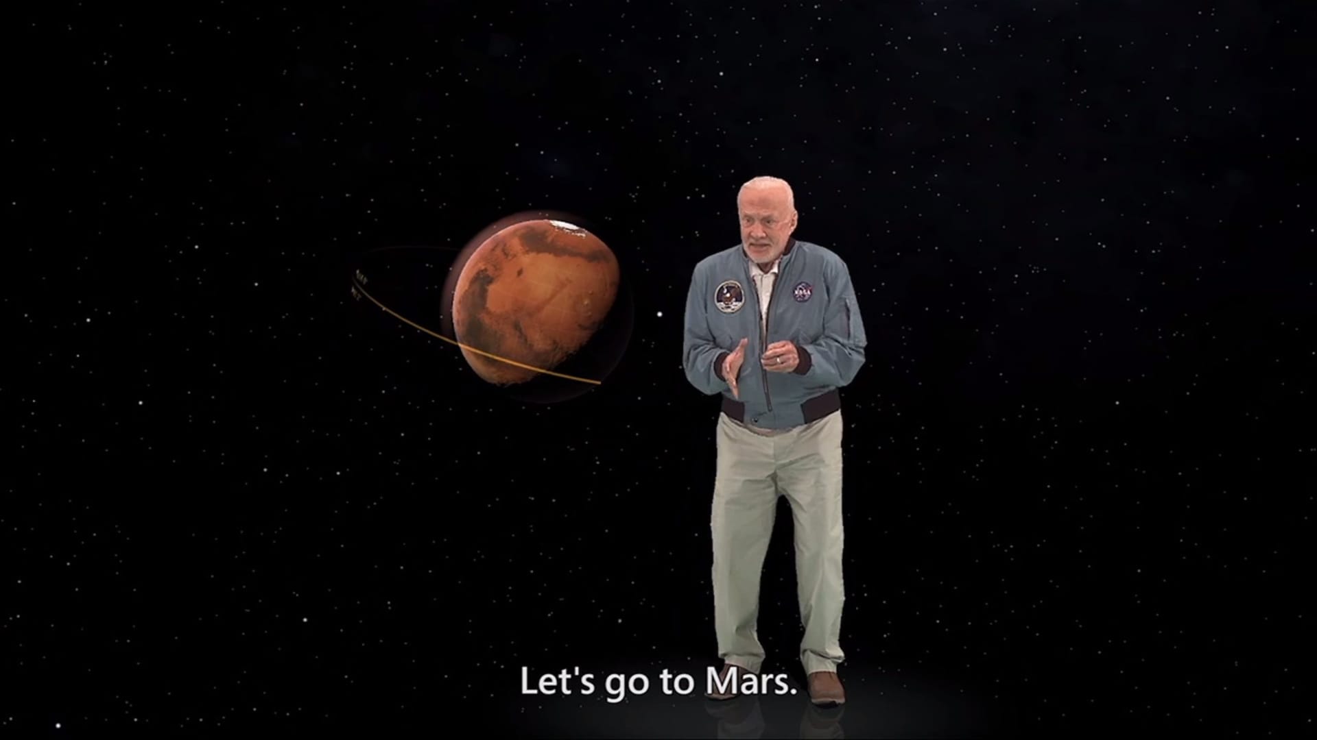 Die NASA hat mit Mission to Mars einen virtuellen Rundgang auf dem Mars erstellt, bei dem ein virtueller Buzz Aldrin als Tourguide den Träger der HoloLense-Brille führt.