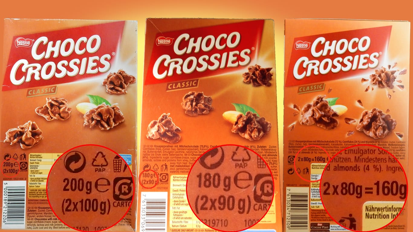 Die Standardpackung der Choco Crossies ist seit 2011 immer kleiner geworden.