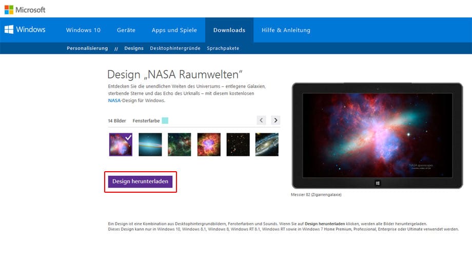 Die 14 Aufnahmen "NASA-Raumwelten" erhalten Sie kostenlos direkt bei Microsoft zum Download.