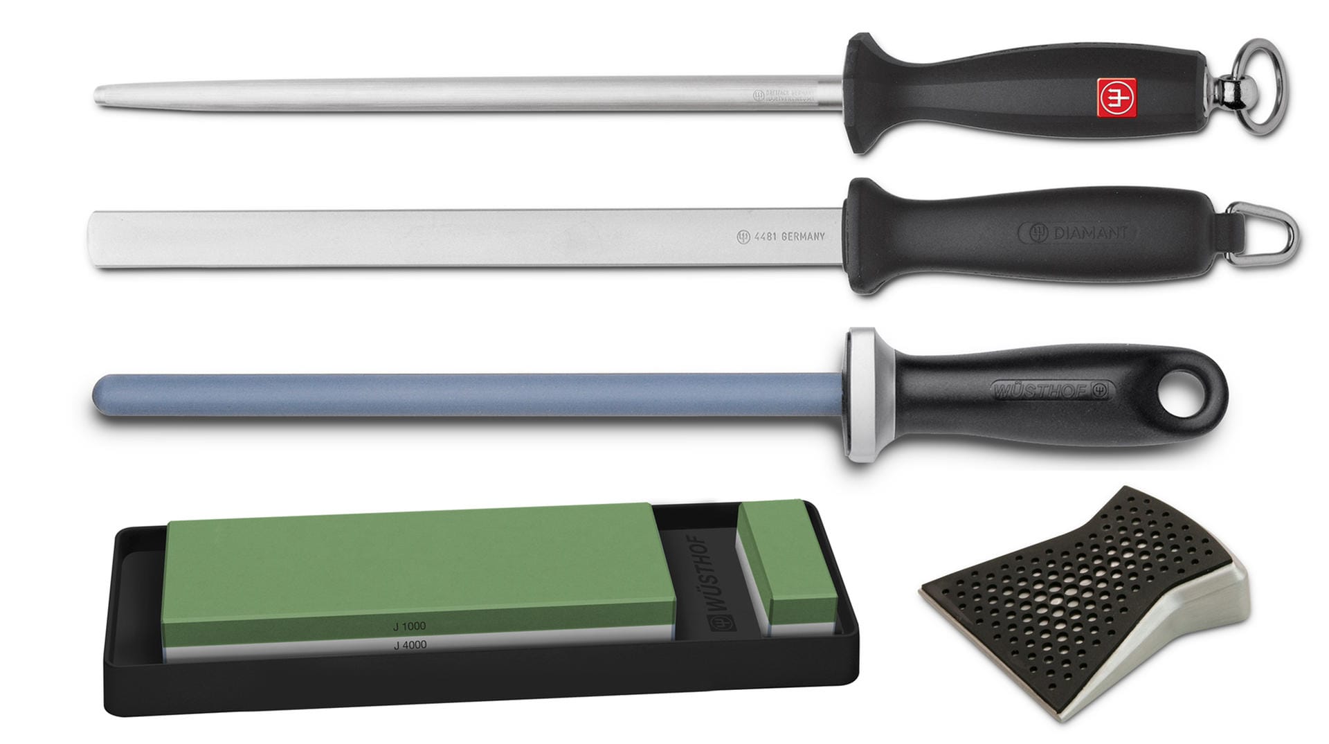 Stumpfe Messer erhöhen die Verletzungsgefahr und machen keinen Spaß. Mit diesen Helfern schaffen Sie Abhilfe (von oben nach unten): Wetzstahl zum Scharfhalten der Messer, Schärfstab mit Diamant- oder Keramikbeschichtung zum Schärfen der Messer, sowie Abziehstein (links) und Schleifhilfe (rechts) des Herstellers Wüsthof. Stumpfe Messer erhöhen die Verletzungsgefahr und machen keinen Spaß. Mit diesen Helfern schaffen Sie Abhilfe (von oben nach unten): Wetzstahl zum Scharfhalten der Messer, Schärfstab mit Diamant- oder Keramikbeschichtung zum Schärfen der Messer, sowie Abziehstein (links) und Schleifhilfe (rechts) des Herstellers Wüsthof.