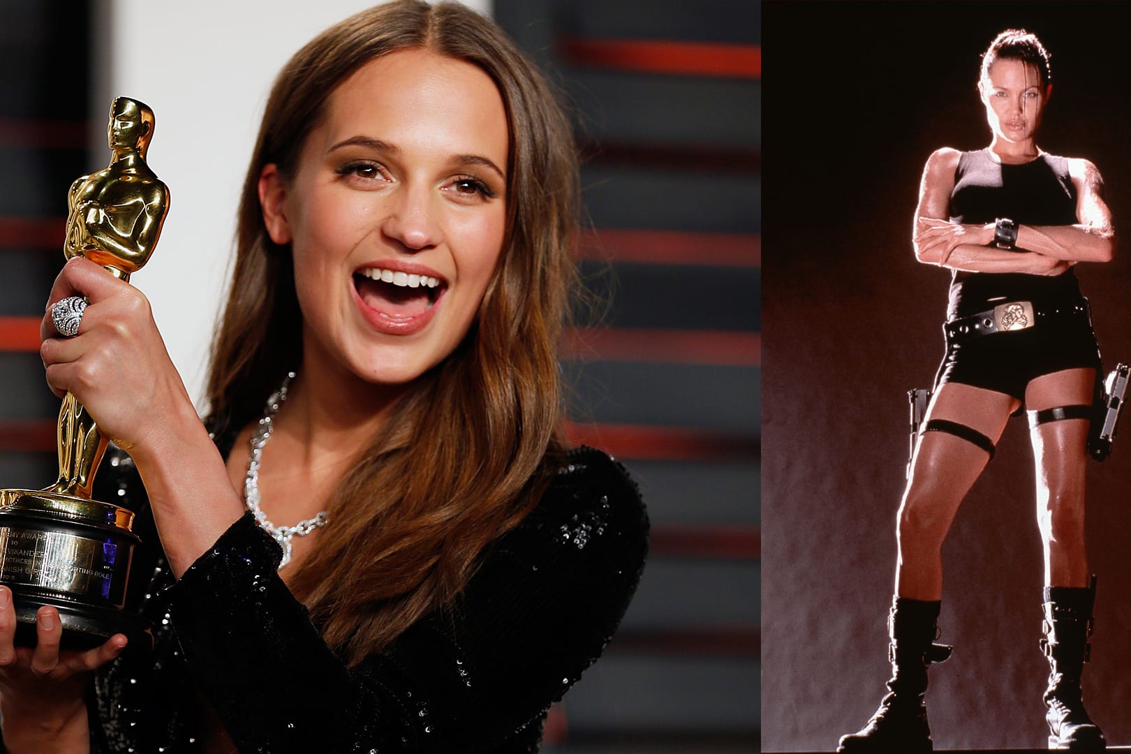 Lara Crofts: Alicia Vikander (mit Oscar) und ihre Vorgängerin Angelina Jolie.