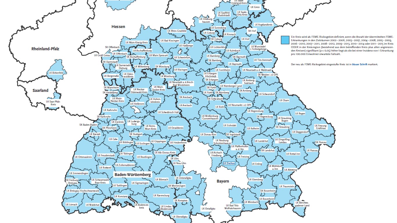 Die neue Zeckenkarte des RKI zeigt die deutschen Risikogebiete für FSME. Mit Klick auf das Bild gelangen Sie zum PDF-Download der Karte.