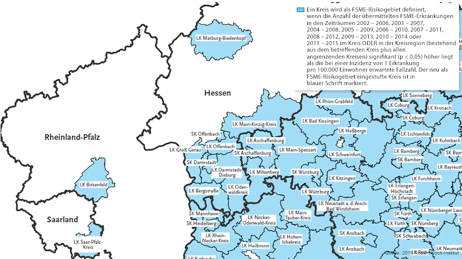 Auch in Südhessen besteht das Risiko, sich mit FSME zu infizieren, Zudem wurden die Landkreise Marburg-Biedenkopf in Mittelhessen, Birkenfeld sowie der Saar-Pfalz-Kreis als Risikogebiete definiert.