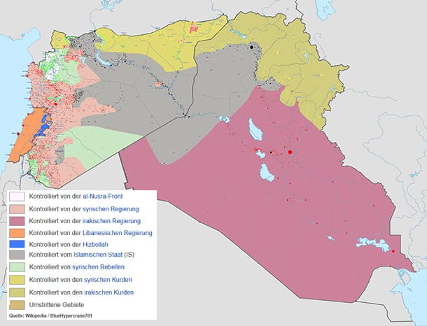Krieg in Syrien und im Irak - im Zentrum des Kriegsschauplatzes der "Islamische Staat". Die "weißen" Gebiete in Nordwest-Syrien (links oben) gehören dem Al-Kaida-Ableger Al-Nusrah-Front.