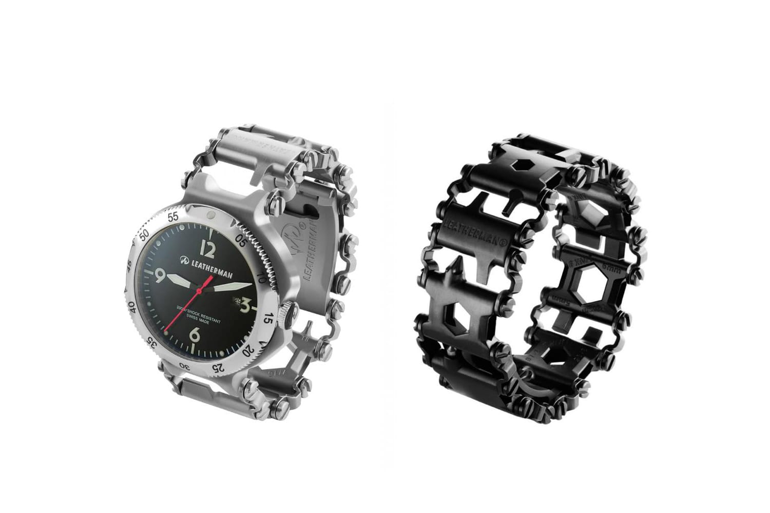 Ein schicker Helfer ist das neue 29-teilige Werkzeug-Armband Tread von Leatherman (Schwarz für 259 Euro). Eine stylishe Alternative bietet die bis 200 Meter wasserdichte Version mit Uhr (Silber für 399 Euro).
