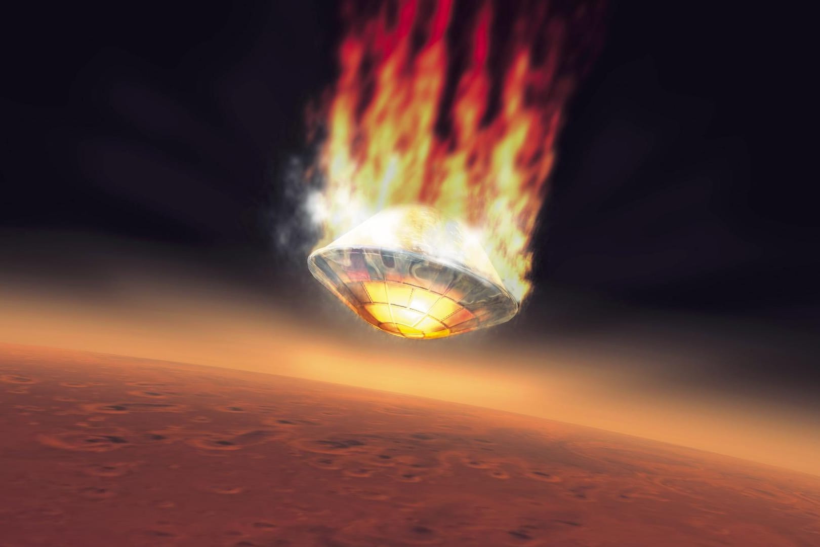 Die "Beagle 2" beim Eintritt in die Atmosphäre des Mars. Mit dem EmDrive könnten künftige Missionen deutlich schneller und weiter fliegen.
