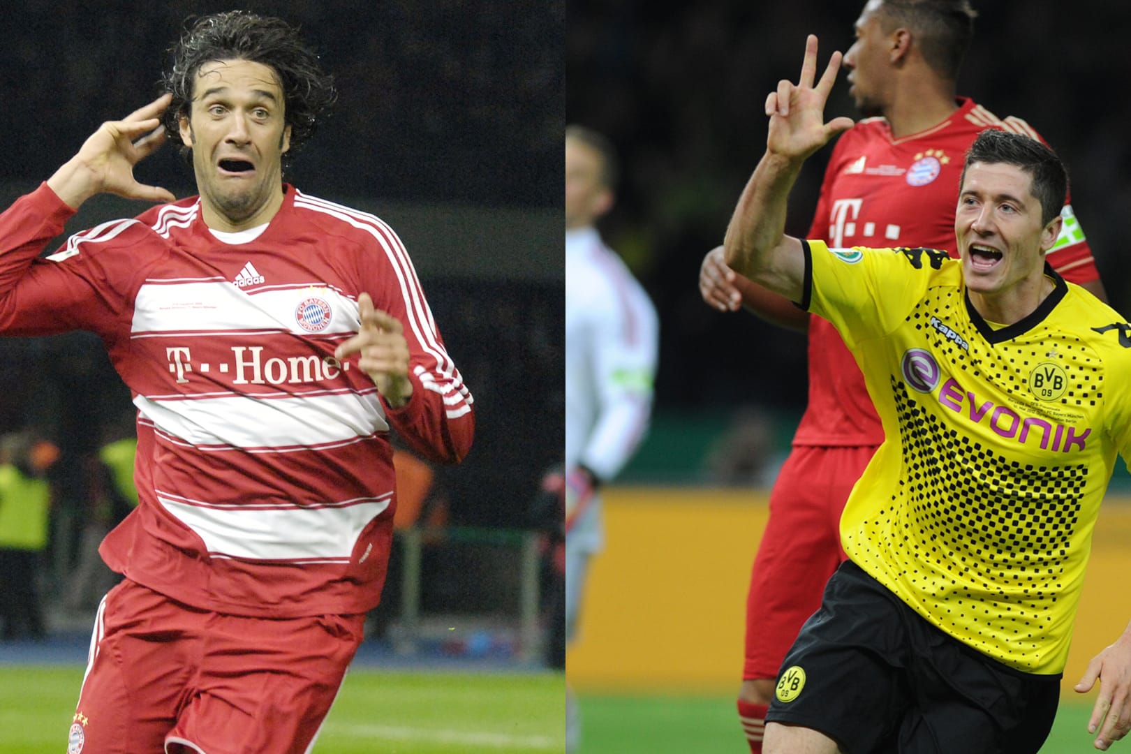 In den vergangenen Jahren lieferten sich der FC Bayern (Luca Toni, l.) und der BVB (Robert Lewandowski, r.) mehrere packende Finalduelle.