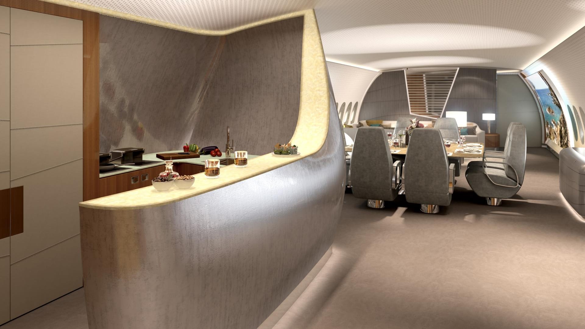 Bar, Massageliegen und Kinoleinwand an Bord eines Flugzeugs: So fliegen wohl in Zukunft die oberen Zehntausend. Bar, Massageliegen und Kinoleinwand an Bord eines Flugzeugs: So fliegen wohl in Zukunft die oberen Zehntausend.
