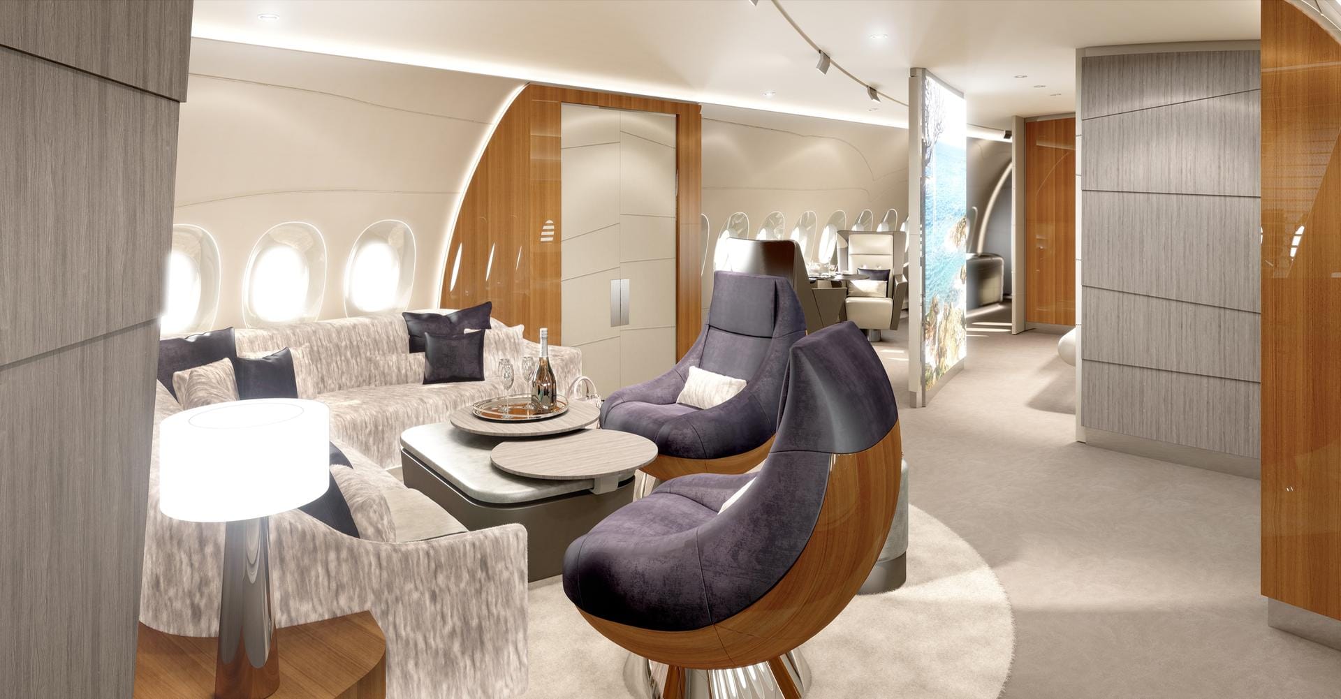 Das neue Kabinenkonzept der Lufthansa-Technik für die VVIP-Flugzeuge: Auf 270 Quadratmetern gönnen sich Superreiche im A350 Luxus pur – bequeme Sessel und Kinoleinwand inklusive.