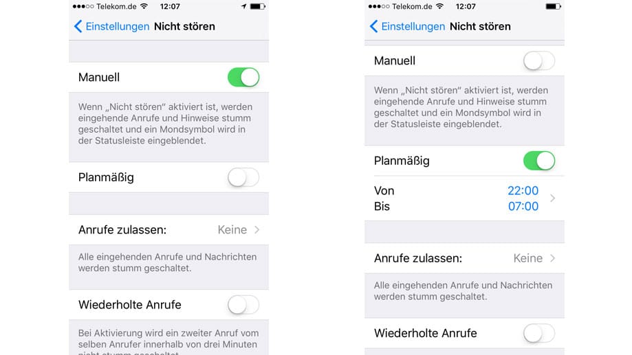 Ist "Manuell" aktiviert, so werden eingehende Anrufe, Textnachrichten und Hinweise direkt stumm geschaltet.