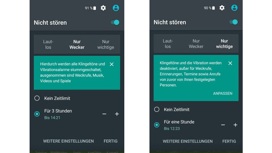 Hier stehen drei Modi zur Wahl: "Nur Wecker" schaltet alle Klingeltöne und Vibrationen außer Alarmen stumm, entweder unbegrenzt oder für einen festzulegenden Zeitraum.