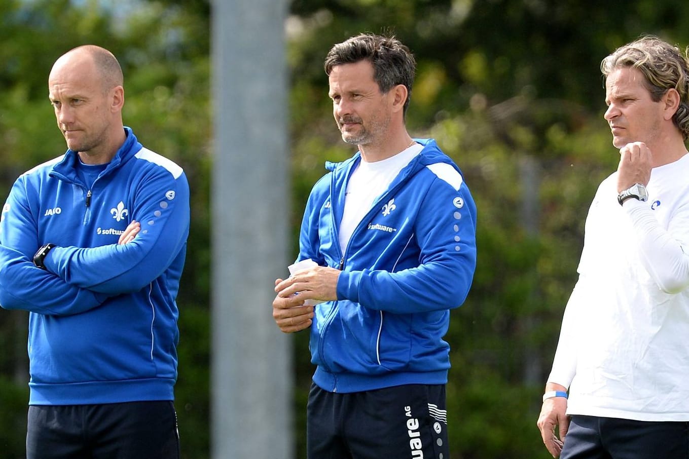 Haben sich in einem offenen Brief von den Lilien-Fans verabschiedet: Frank Steinmetz (li.), Dirk Schuster und Sascha Franz (li.).
