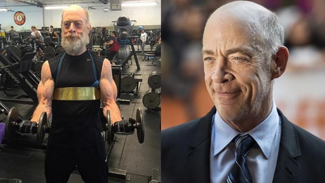 J.K. Simmons beim Training für den Film "Justice League" (l) und wie man den 61-Jährigen sonst so kennt.