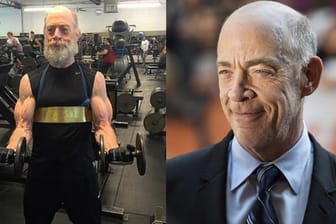 J.K. Simmons beim Training für den Film "Justice League" (l) und wie man den 61-Jährigen sonst so kennt.