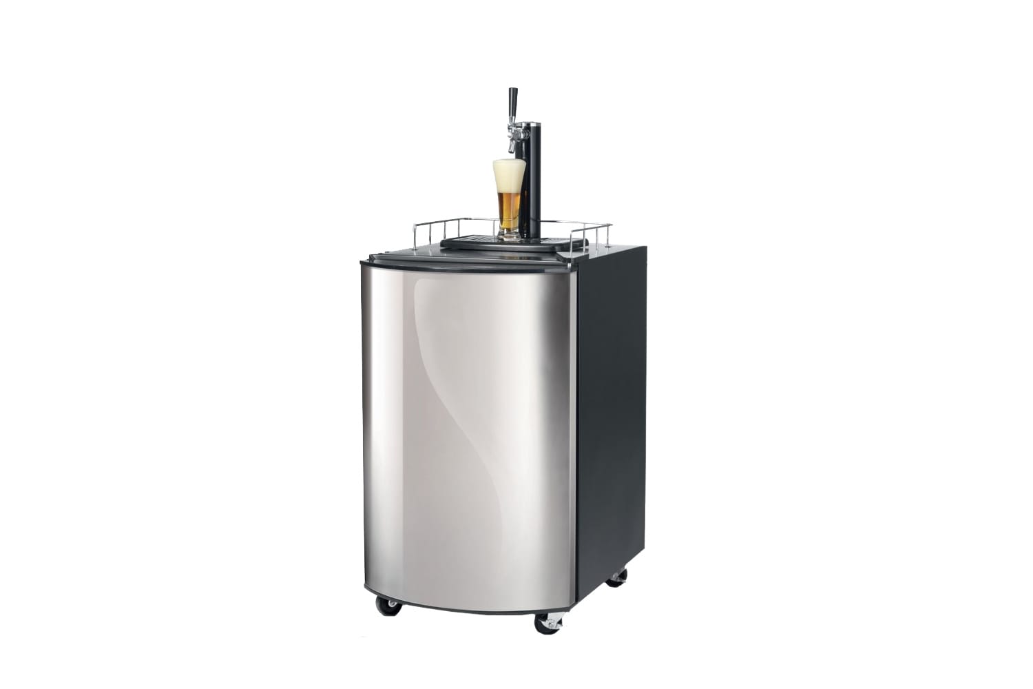 Im Bierkühler Eco mit Zapfhahn kühlt man das Fass im integrierten Kühlschrank (um 615 Euro). Praktisch: Das Gerät steht auf Rollen.