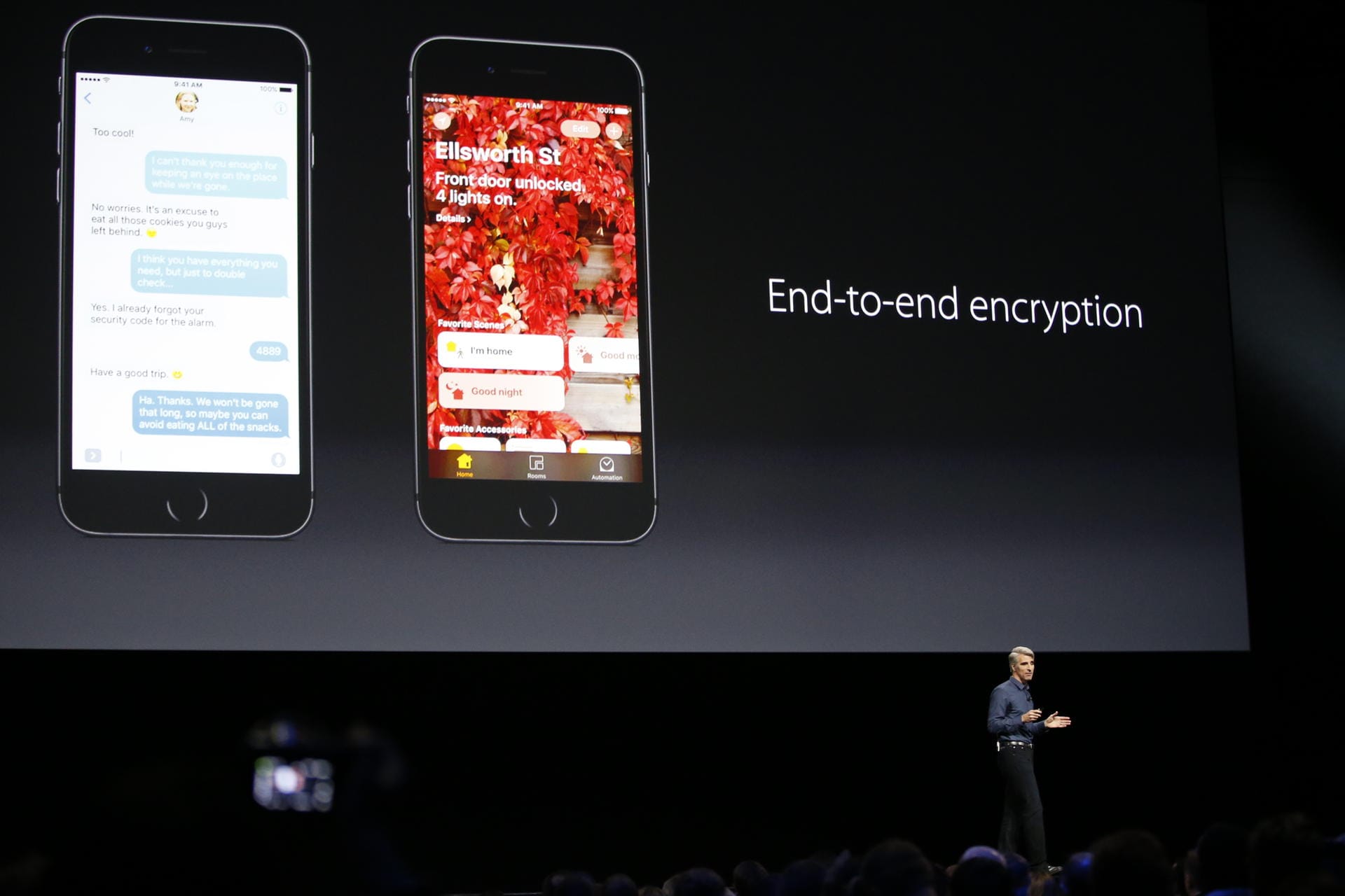 Craig Federighi verspricht, das iOS 10 nicht nur alle wichtigen Datenübertragungen durch eine Ende-zu-Ende-Verschlüsselung vor fremdem Zugriff schützt.