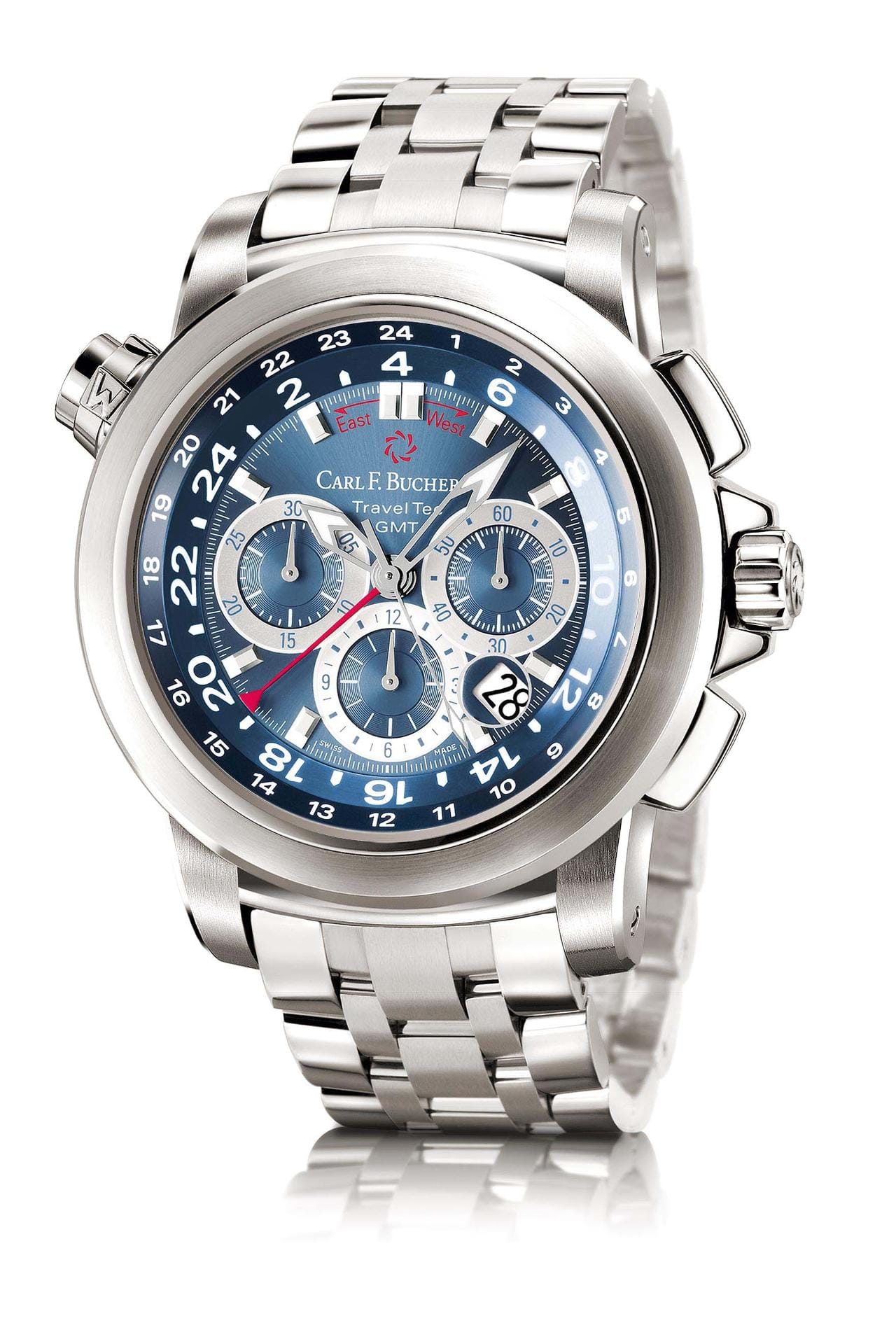 Zahlreicher Hersteller bieten Uhren mit blauem Ziffernblatt. Typisch ist die Kombination aus Edelstahlgehäuse und blauem Zifferblatt wie bei der Patravi TravelTec (Preis ab 9800 Euro) vom Schweizer Hersteller Carl F. Bucherer.