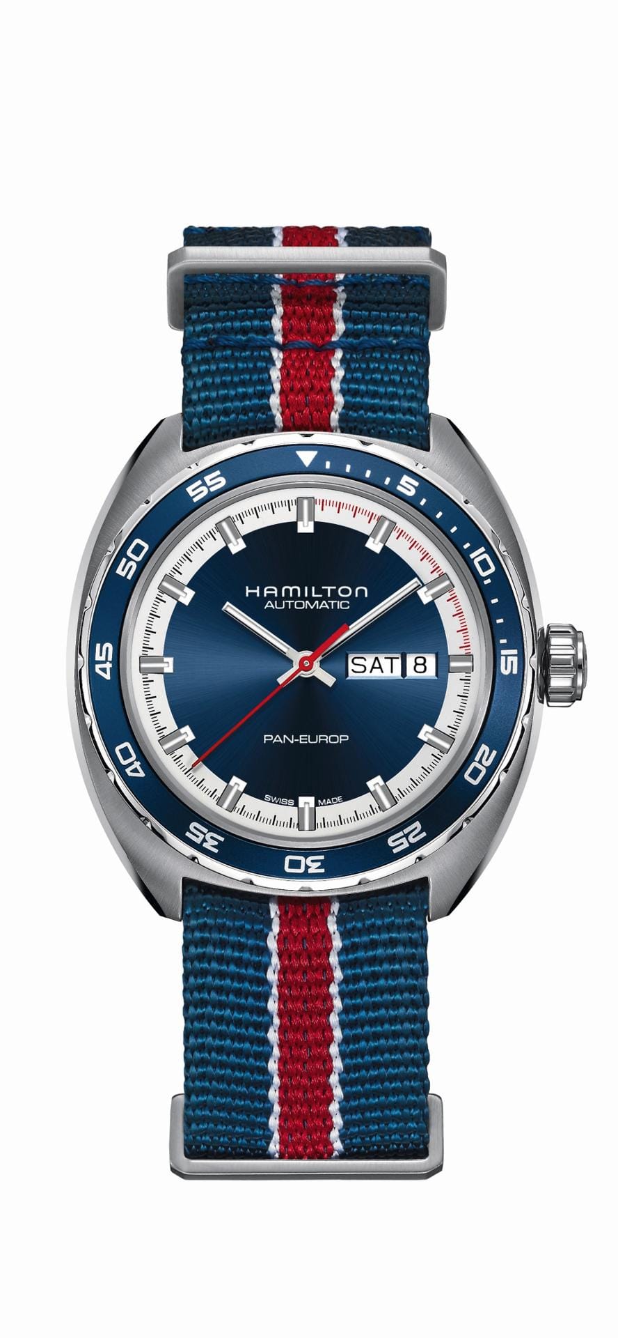 Ein schickes Modell für unter 1000 Euro ist die Hamilton Pan Europ mit schickem Nato-Armband.