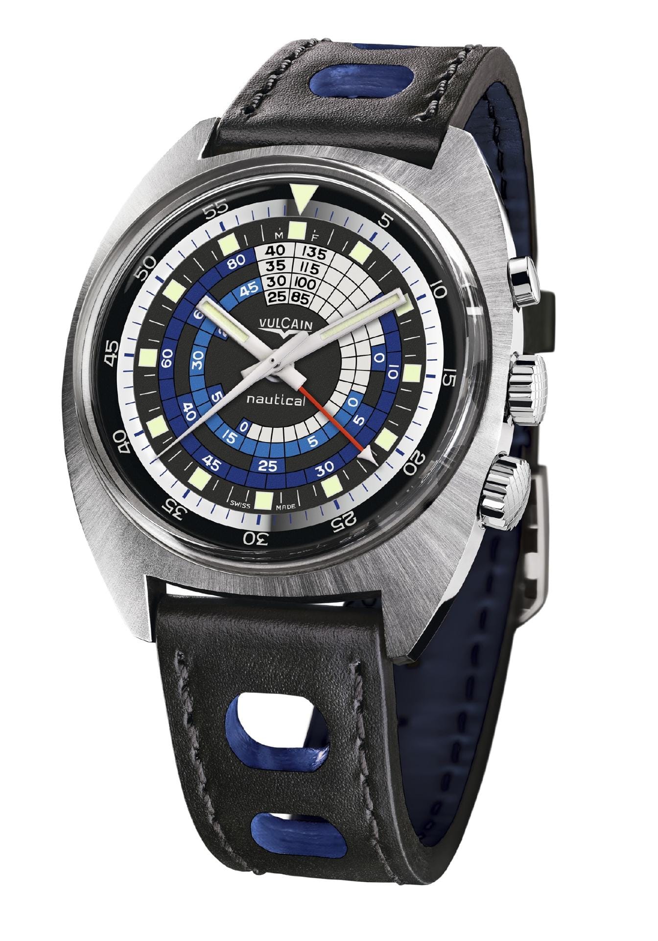 Die Vulcain Nautical Seventies für rund 4000 Euro setzt gekonnt blaue Applikationen im Zifferblatt ein. Das besondere an der Uhr im Retro-Design ist der Weckalarm. Das ist eine Komplikation, die man bei mechanischen Uhren nur selten findet.