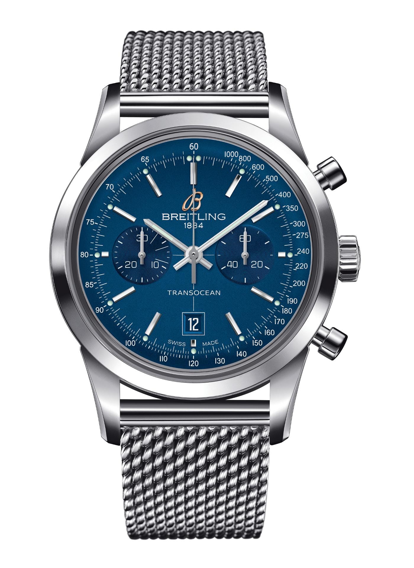 Auch der Schweizer Hersteller Breitling darf in unserer Liste mit empfehlenswerten blauen Uhren nicht fehlen. Das Modell Breitling Transocean Chronograph 38 mit Großdatum kostet 5710 Euro.
