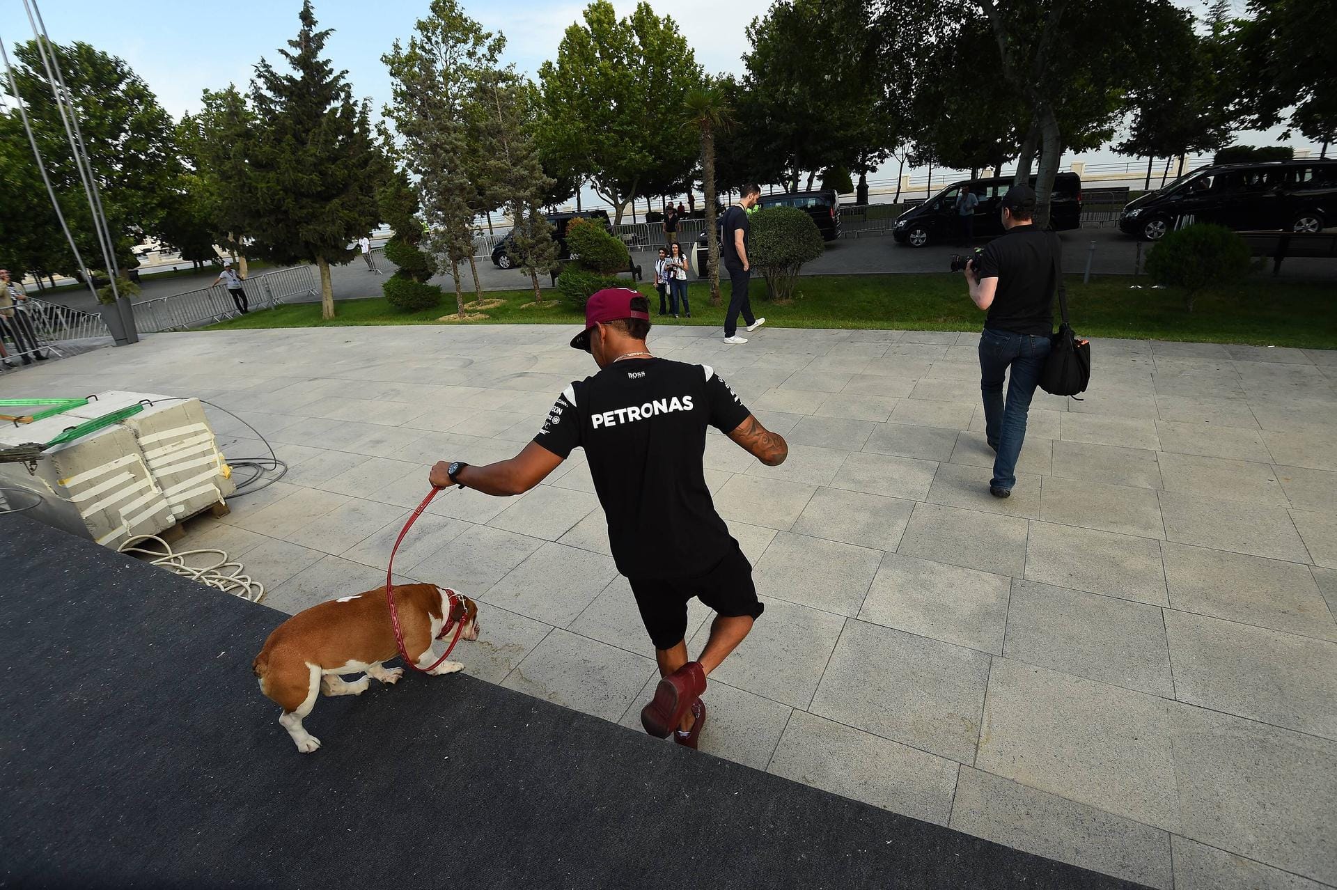 Einmal Gassi gehen bitte! Lewis Hamilton führt seinen Hund spazieren.