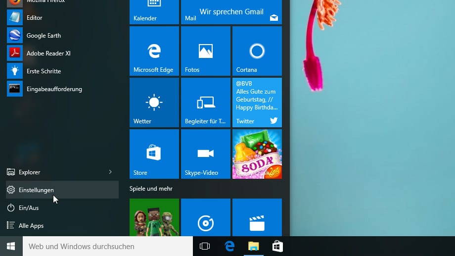 Startmenü von Windows 10 öffnen und Einstellungen wählen.