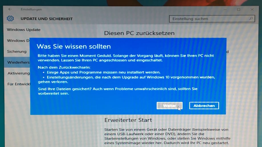 In den Einstellungen von Windows 10 gemachte Änderungen werden beim Downgrade nicht übernommen.