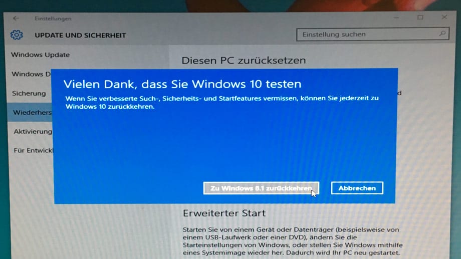 Zu Windows 8.1 zurückkehren