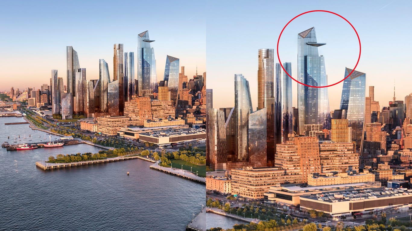 Ein Entwurf des neuen Geschäftsviertels Hudson Yards. Am höchsten Wolkenkratzer ist die neue Aussichtsplattform geplant.