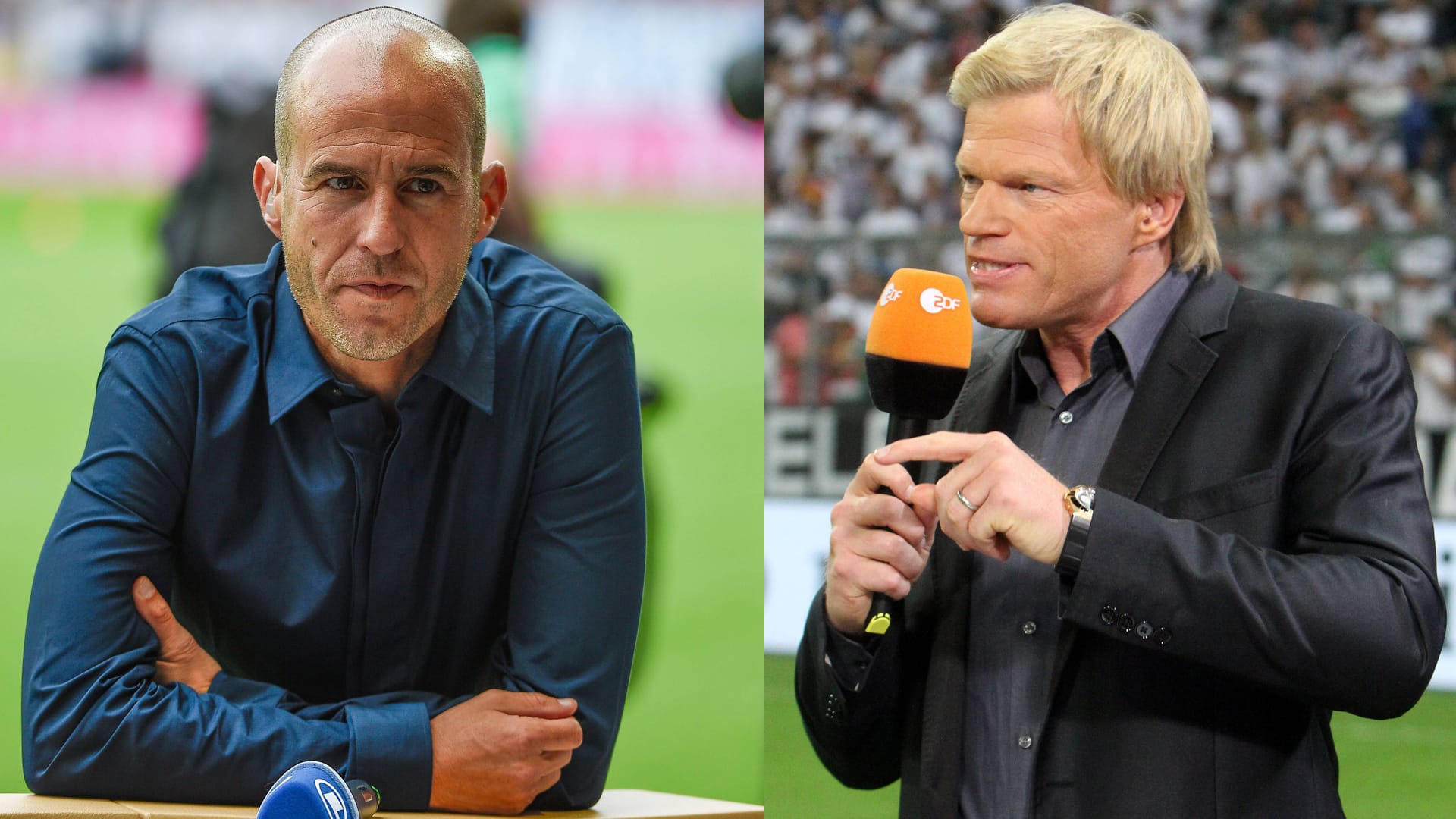 ARD-Experte Mehmet Scholl und ZDF-Fachmann Oliver Kahn bei der Arbeit. ARD-Experte Mehmet Scholl und ZDF-Fachmann Oliver Kahn bei der Arbeit.