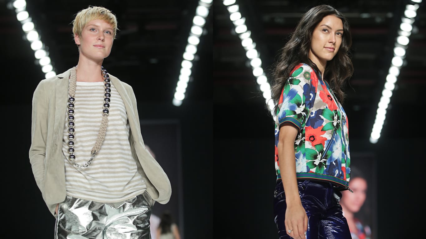 Die Teilnehmerinnen von Heidi Klums TV-Show "Germany's Next Topmodel", Kim Hnizdo (l.) und Rebecca Mir, zeigten ihr Können auf der Berliner Fashion Week.