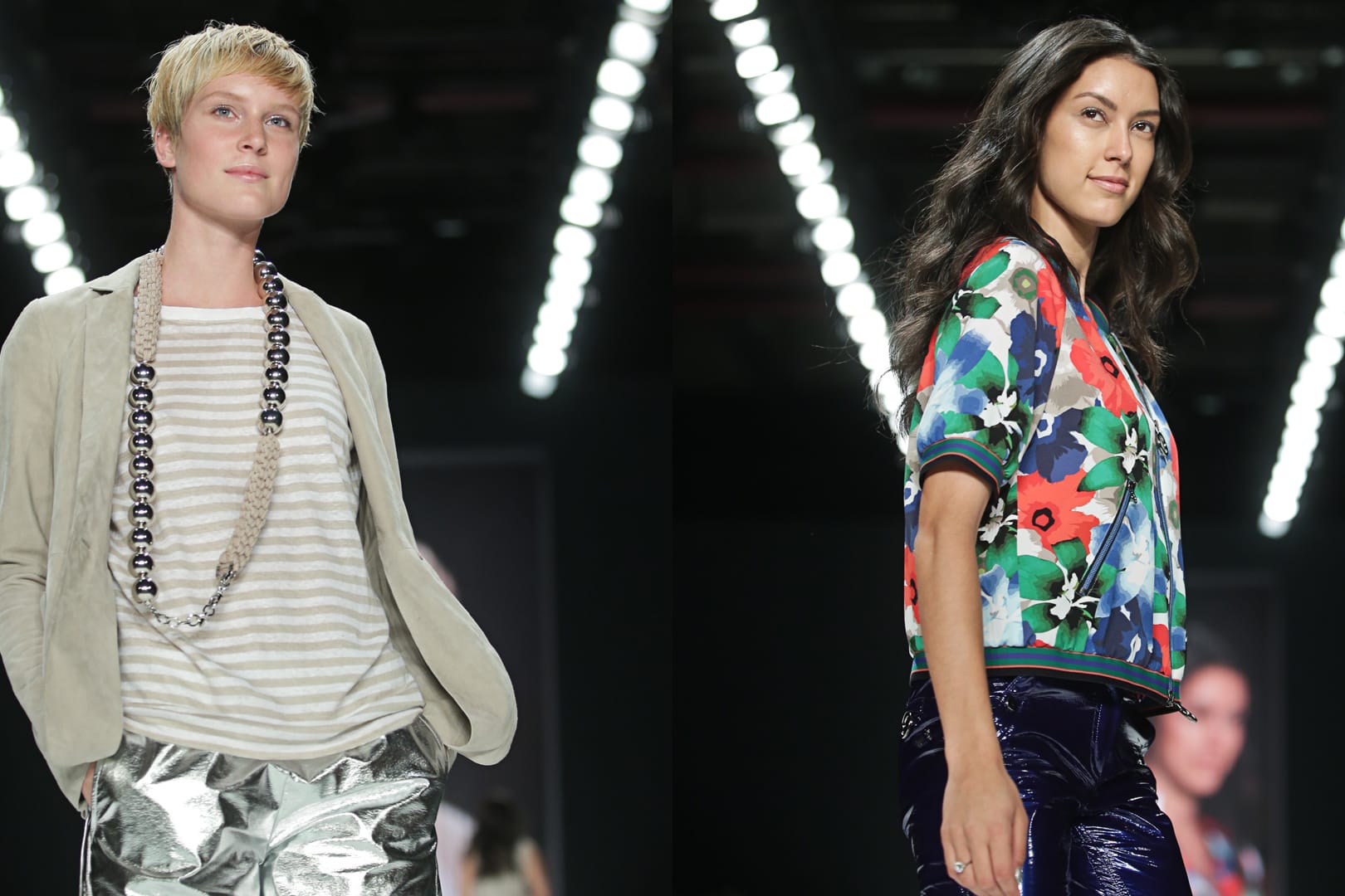 Die Teilnehmerinnen von Heidi Klums TV-Show "Germany's Next Topmodel", Kim Hnizdo (l.) und Rebecca Mir, zeigten ihr Können auf der Berliner Fashion Week.