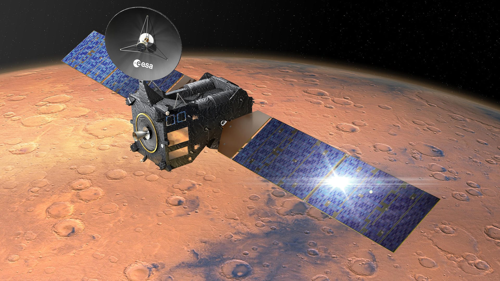 Illustration der Raumsonde ExoMars kurz vor der Ankunft auf dem Mars.
