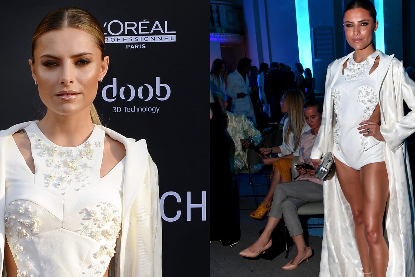 Sophia Thomalla in einem extravaganten Einteiler aus rückenfreiem Oberteil und Hotpants.