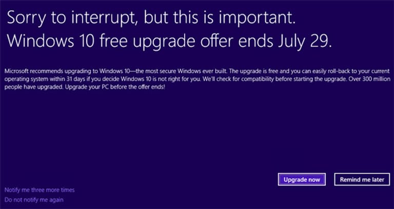 Das neue Pop-up für Windows 10 füllt den ganzen Bildschirm aus.