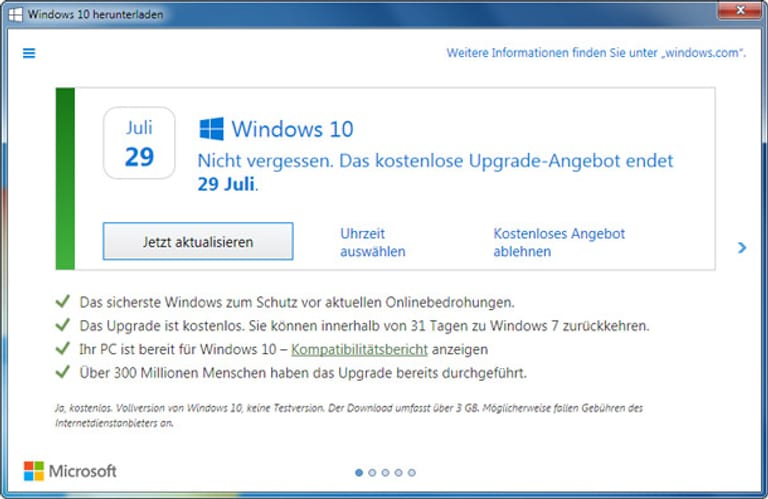 Das seit Ende Juni verwendete Pop-up zu Windows 10 ist eindeutig.