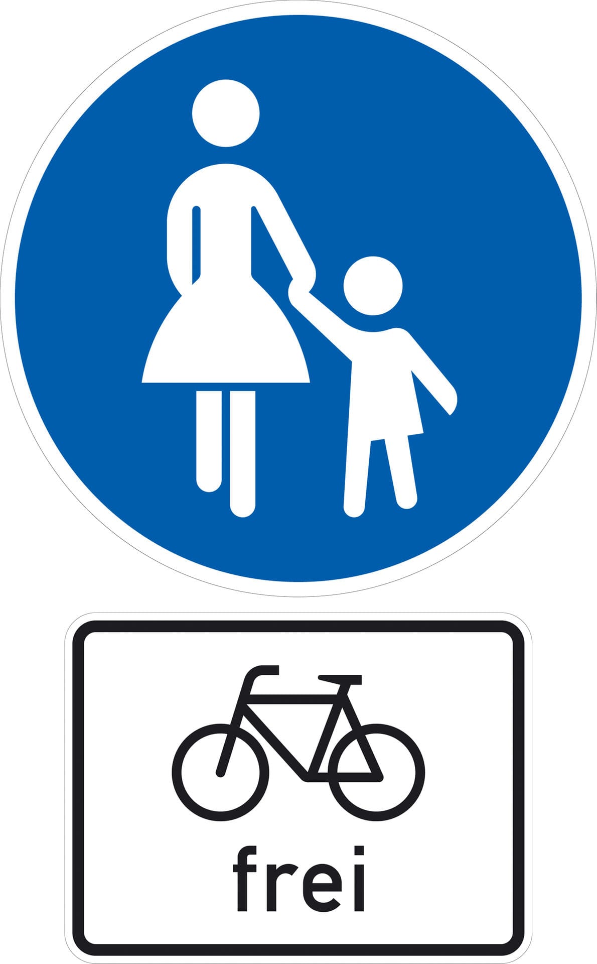 Das Radfahren auf Gehwegen kann mit dem Zusatzzeichen "Radfahrer frei" zugelassen sein. Radfahrer müssen dann Rücksicht auf Fußgänger nehmen – und dürfen höchstens in Schrittgeschwindigkeit (etwa 4-7 km/h) fahren. Durch das Schild sind sie nicht verpflichtet den Gehweg zu nutzen, sie dürfen also auch auf der Fahrbahn fahren.
