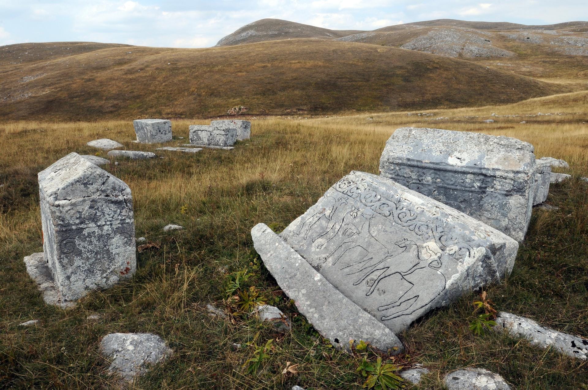Mittelalterliche Grabsteine in der Nekropolis Cengica Bara in Kalinovik in Bosnien-Herzegowina. Die Stecci gibt es auch in Kroatien, Montenegro und Serbien.