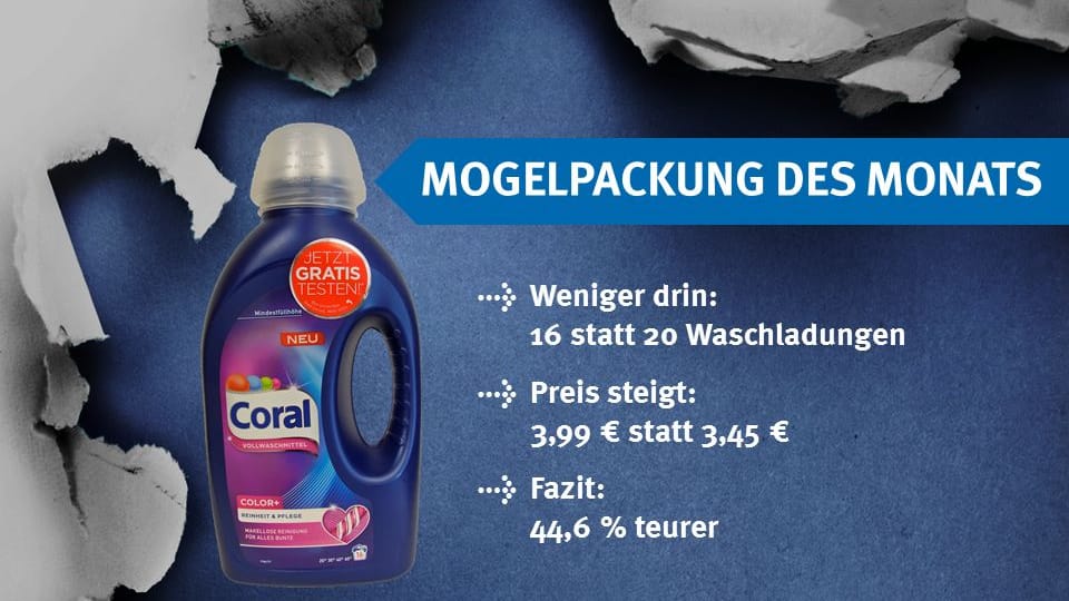 Das Vollwaschmittel von Coral gab es bis vor kurzem noch in einer anderen Flasche mit mehr Inhalt.