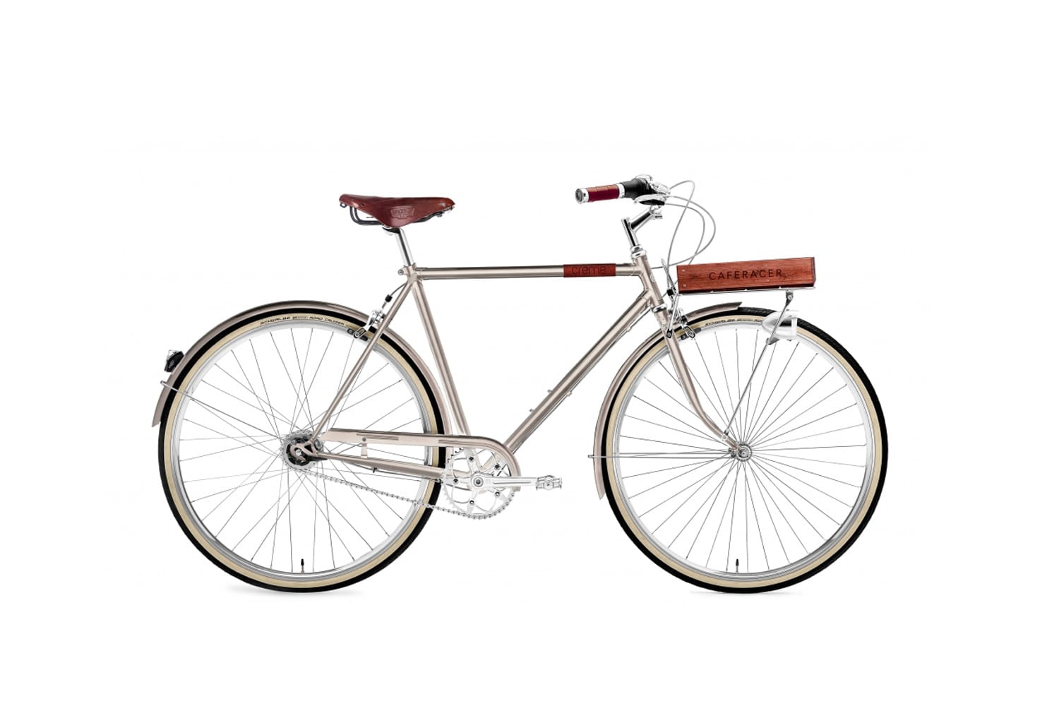 Inspiriert von alten Transport-Rädern parkt bei Cremes Cycles das limitierte Caferacer Man Wood&Whisky Bike (um 1199 Euro).