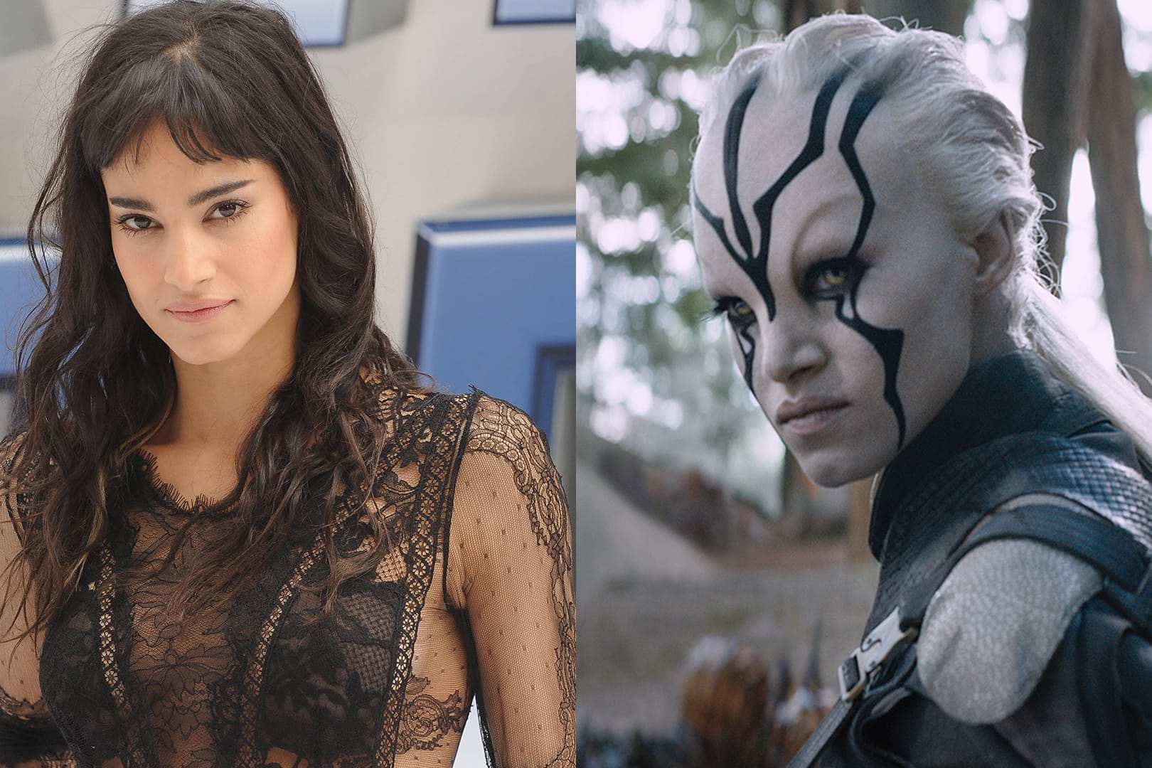 Sofia Boutella als Jaylah in "Star Trek Beyond" (r) und ohne Alien-Make-up.