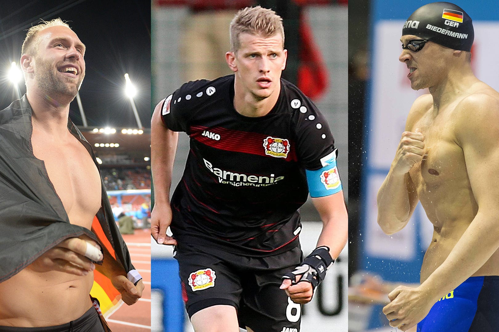 Neben Robert Harting (li.) , Lars Bender (mitte) und Paul Biedermann (re.) sind noch 447 weitere deutsche Athleten in Rio am Start.